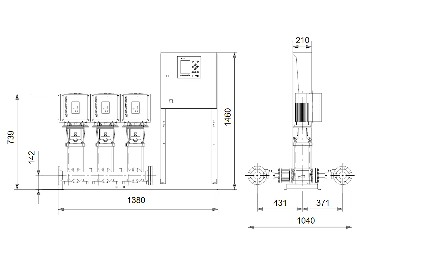 Druckerhöhungsanlage von Grundfos mit drei vertikalen Pumpen und Steuerungseinheit, dargestellt in Seitenansicht mit eingefügten Maßen.